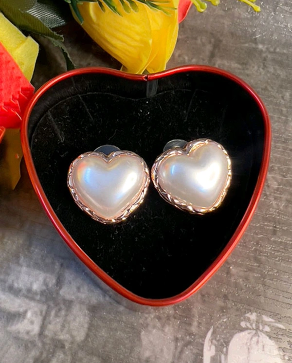Golden Heart Shaped Pearl Stud Earrings