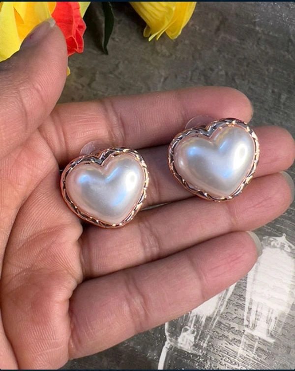 Golden Heart Shaped Pearl Stud Earrings
