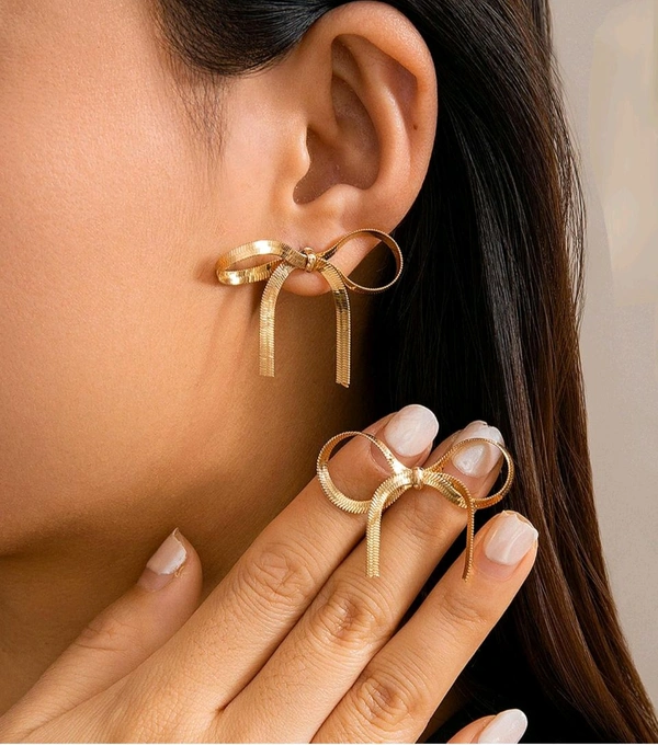 Elegance Ribbon Bow Luxury Gold Earrings