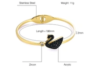 Elegant Stainless Steel Openable Crystal Black Swan Designs Bracelet - Gold