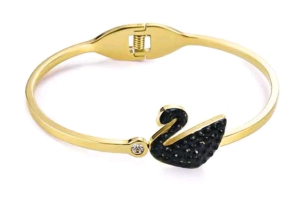 Elegant Stainless Steel Openable Crystal Black Swan Designs Bracelet - Gold