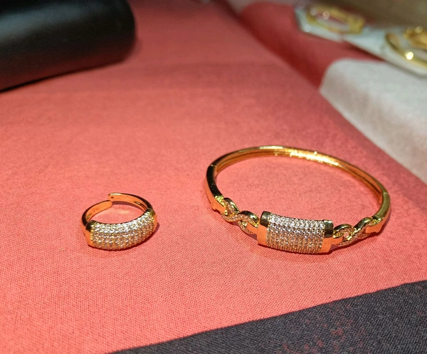 Combo Trendy Cubic Zirconia American Diamond Gold Plated Kada And Beautiful Adjustable Ring  - Gold