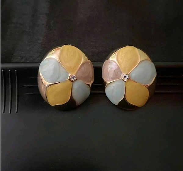 Gold Plated Floral Enameled Anti-Tarnish Stainless Steel Studs Earrings