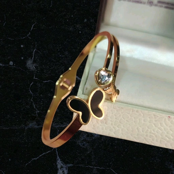 Butterfly Anti Tarnish Black Zirconia Cuff Open Stainless Steel Western Bracelet Bangles  - Gold
