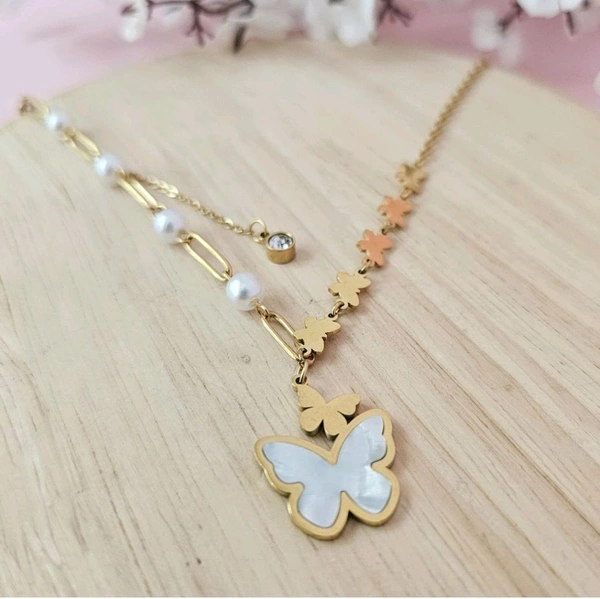 Anti Tarnish 18K Micro-Gold Plated Butterfly Pearl Necklace