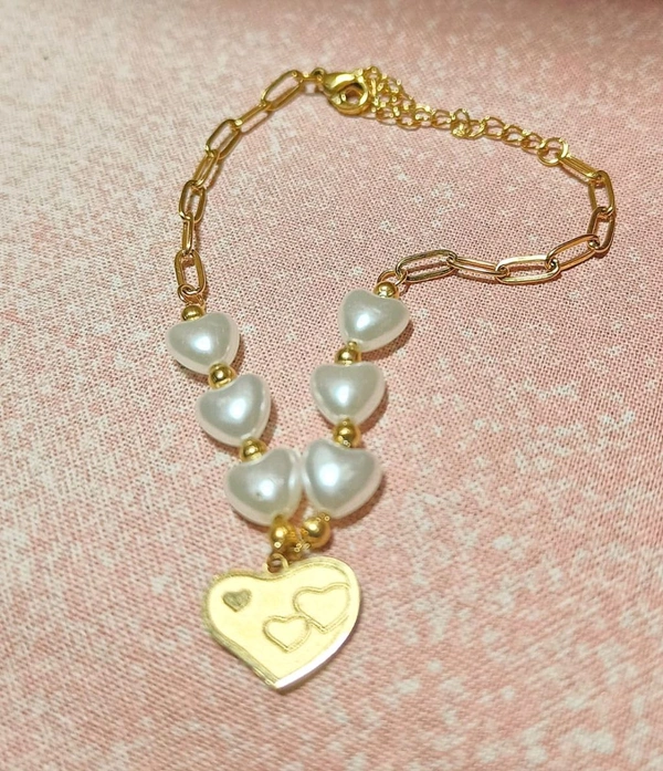 Love Heart Charm Fresh Water Pearl Bracelet
 - Free Size, Gold