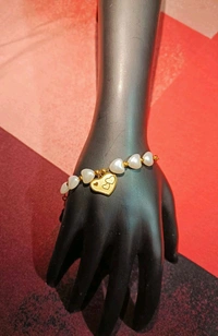 Love Heart Charm Fresh Water Pearl Bracelet
 - Free Size, Gold