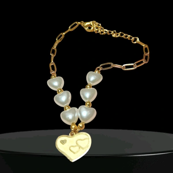 Love Heart Charm Fresh Water Pearl Bracelet
 - Free Size, Gold