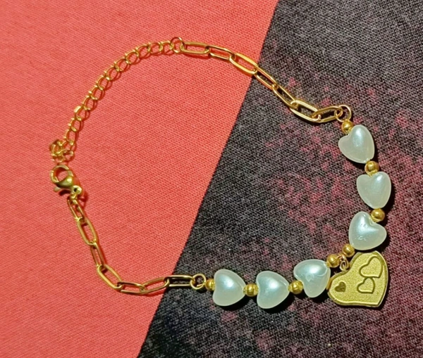 Love Heart Charm Fresh Water Pearl Bracelet
 - Free Size, Gold