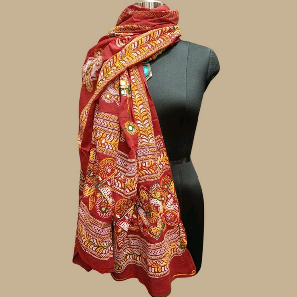 Pure Cotton Dupatta with Aari Embroidery work - Bright Red