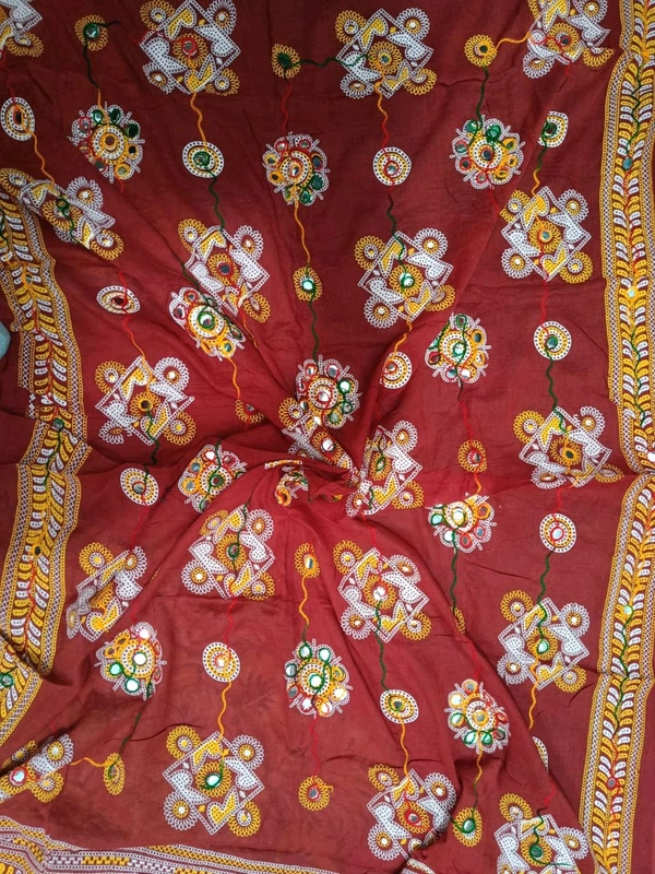 Pure Cotton Dupatta with Aari Embroidery work - Bright Red