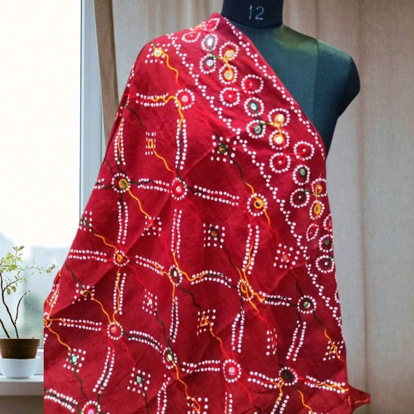 Beautiful Women's Rajasthani Traditional Aari Work Embroidery Design Dupatta  - Bright Red, 2.25