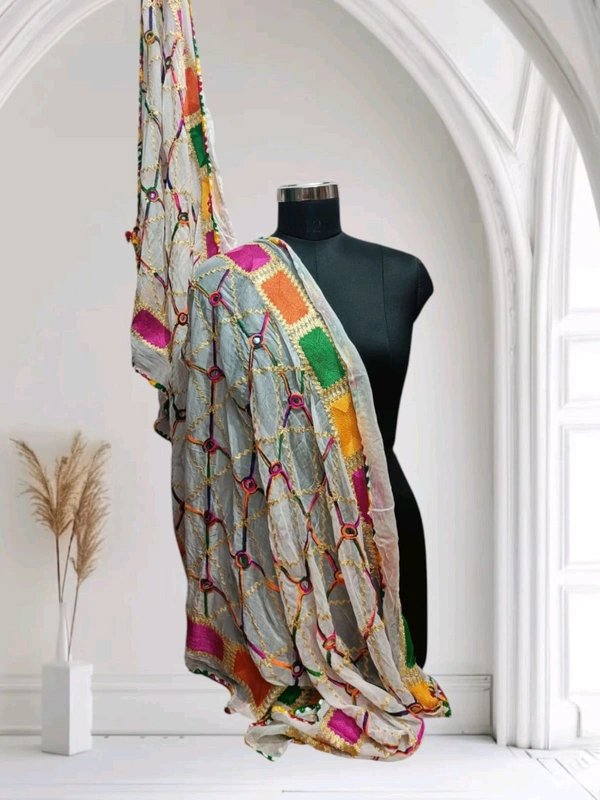 Elegant Womens Phulkari Embroidered with Mirror Work Dupptta  - White, 2