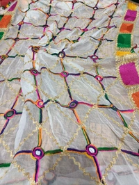 Elegant Womens Phulkari Embroidered with Mirror Work Dupptta  - White, 2