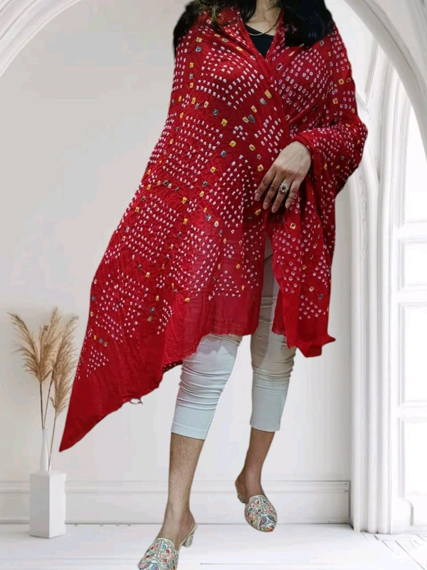 Beautiful Handloom Hand Made Tie And Die Pure Cotton Bandhani Dupatta  - Red, 2.20