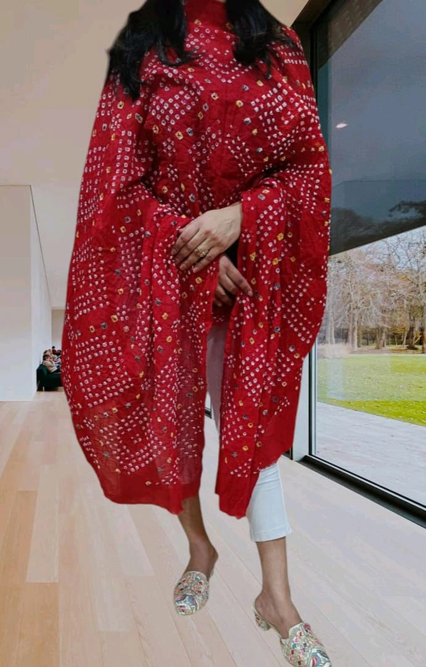 Beautiful Handloom Hand Made Tie And Die Pure Cotton Bandhani Dupatta  - Red, 2.20