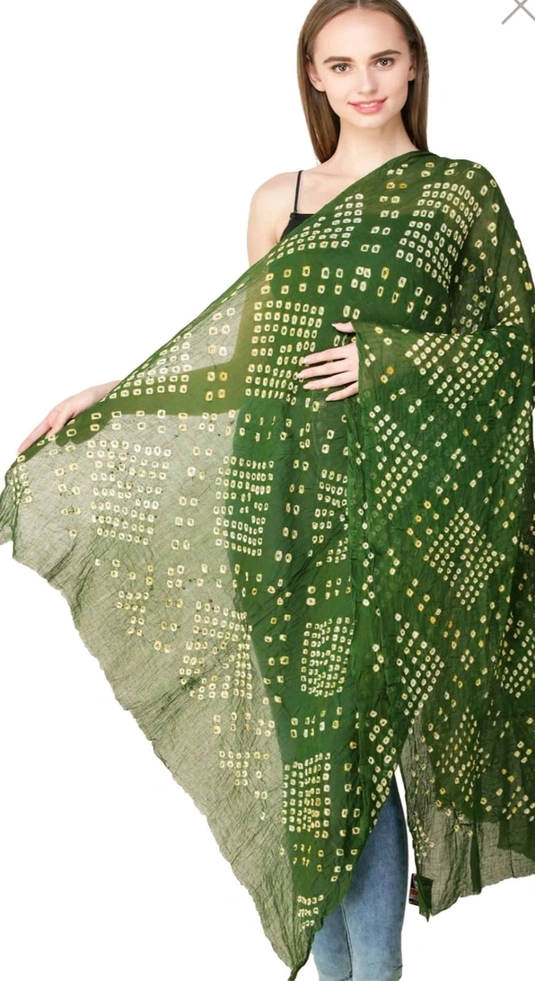 Beautiful Handloom Hand Made Tie And Dye Pure Cotton Bandhani Dupatta  - Limeade, 2.20