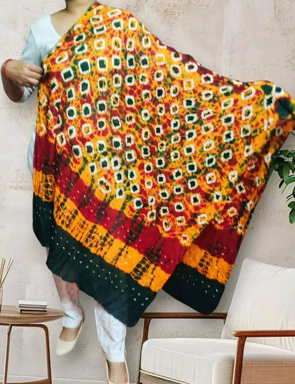 Elegant Hand Made Batik Pure Cotton Tie And Dye Bandhani Dupatta  - Amber, 2.20