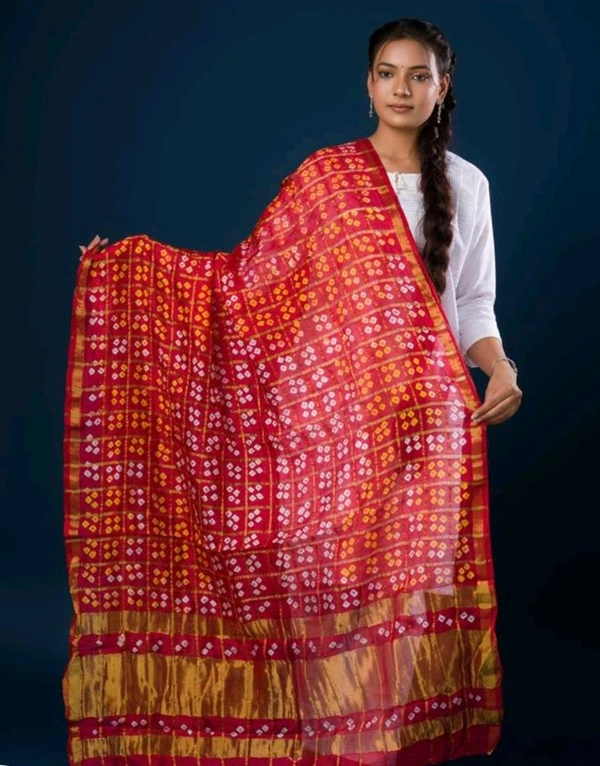 Bandhani Women's Original Bandhej Gharchola Silk Dupatta With Chex And Lagdi Pallu(2.30 + Meter) - Guardsman Red, 2.5