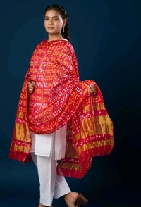 Bandhani Women's Original Bandhej Gharchola Silk Dupatta With Chex And Lagdi Pallu(2.30 + Meter) - Guardsman Red, 2.5