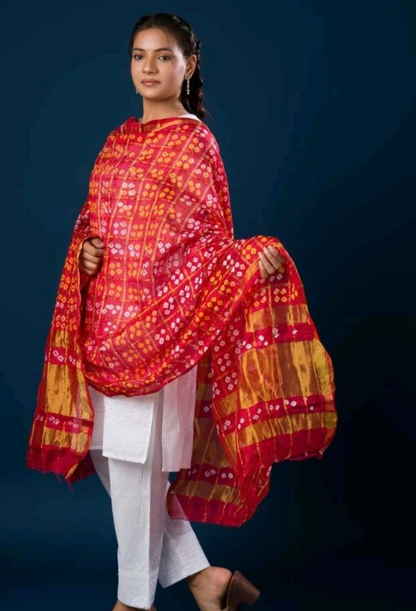Bandhani Women's Original Bandhej Gharchola Silk Dupatta With Chex And Lagdi Pallu(2.30 + Meter) - Guardsman Red, 2.5