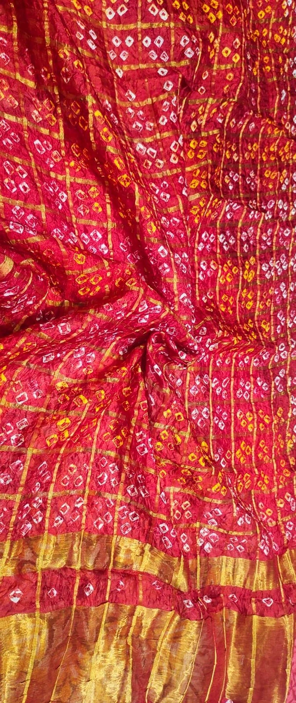 Bandhani Women's Original Bandhej Gharchola Silk Dupatta With Chex And Lagdi Pallu(2.30 + Meter) - Guardsman Red, 2.5