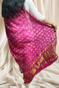 Bandhani Women's Original Bandhej Gharchola Silk Dupatta With Chex And Lagdi Pallu(2.30 + Meter) - Hollywood Cerise, 2.5