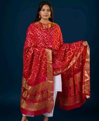 Ethnic Banarasi Pure Georgette Handloom Hand Made Traditional Zari Work Bandhani Dupatta  - Guardsman Red, 2.5