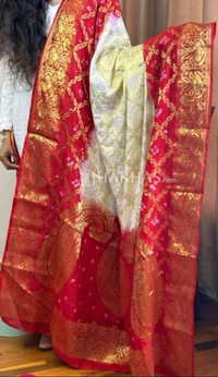 Ethnic White And Red Ghatchola Silk Banarasi Zari Dupatta