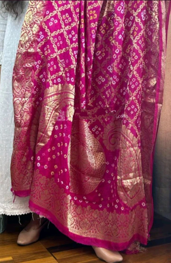 Ethnic Tie And Dye Traditional Rani Pink Banarasi Bandhej Gharchola Soft Silk Dupatta - Hollywood Cerise, 2.5