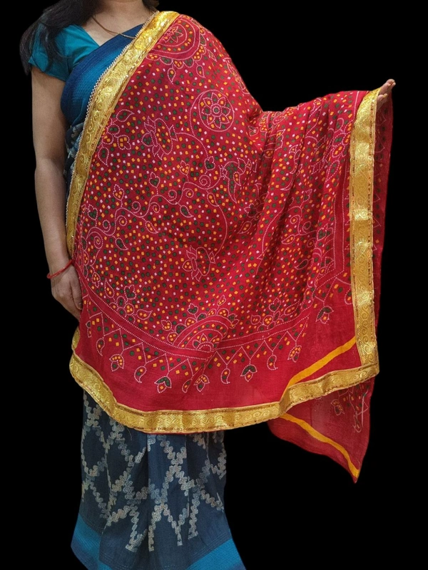 Ethnic Pure Cotton Four Side Lace Bandhani Chunri For Pooja And Wedding  - Red