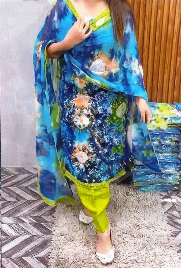 Elegant Celebrity Collection Cotton Cambric Batik Printed Unstitched 3pics Suit Set  - Free Size, Blue Ribbon