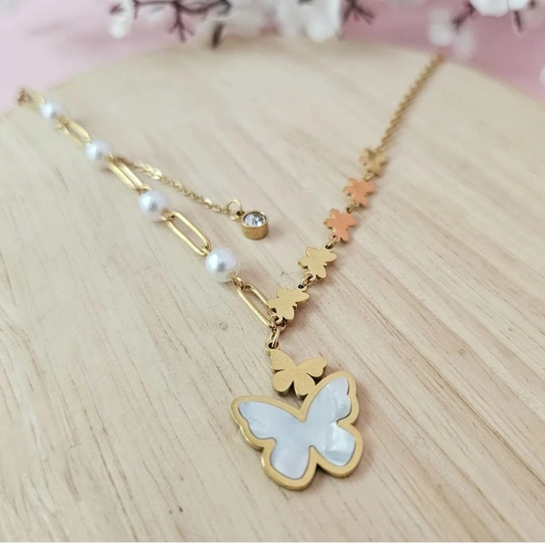 Anti Tarnish Micro Gold Plated Butterfly Pearl Necklace