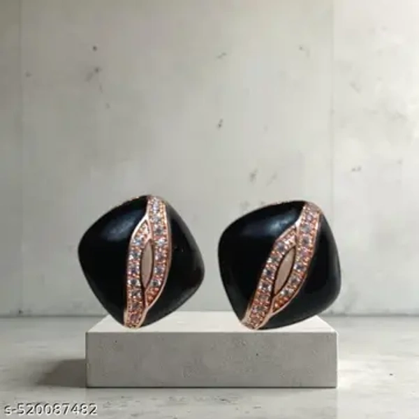 Rose Gold Finished American Diamonds Square Black Studs  - Black