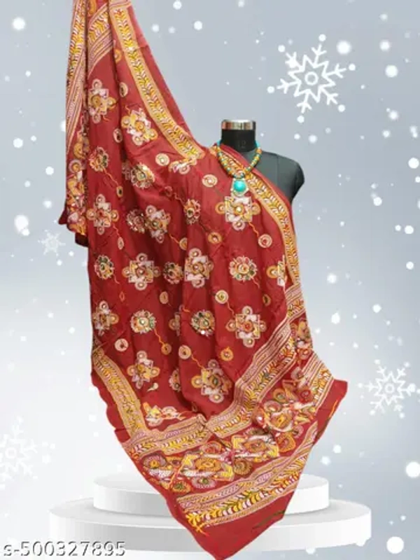 Pure Cotton Dupatta with Aari Embroidery work - Bright Red