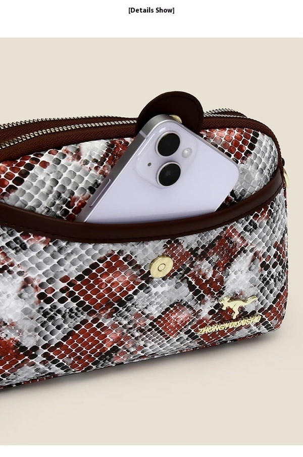 Snakeskin Print Crossbody Bag with Brown Accents