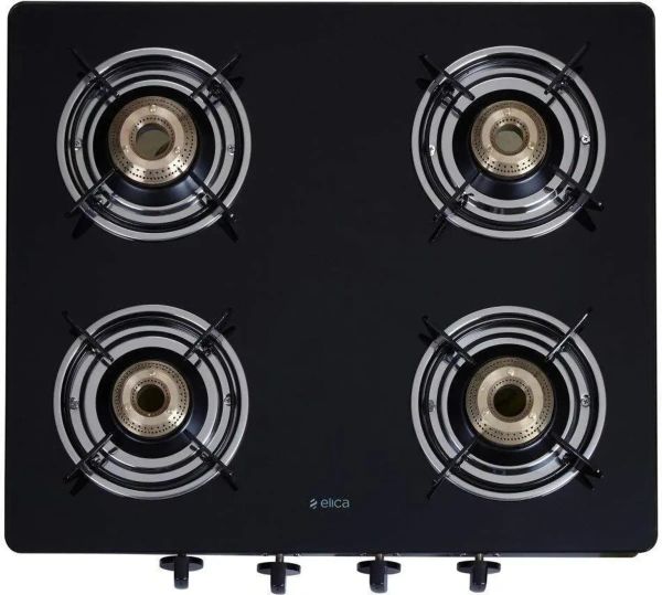 Elica 594 CT VETRO BK Toughened Glass To4 Burner Manual Gas Stove (Round Euro CoGrid, Black)ELICA 594 CT VETRO BLK (F) - ELICA 594 CT VETRO BLK (F)