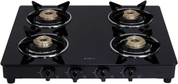 Elica 594 CT VETRO BK Toughened Glass To4 Burner Manual Gas Stove (Round Euro CoGrid, Black)ELICA 594 CT VETRO BLK (F) - ELICA 594 CT VETRO BLK (F)
