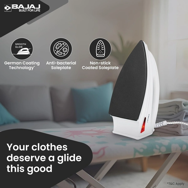 Bajaj DX-6 1000 Watts Dry Iron | Advance Soleplate And Anti-Bacterial German Coating Technology | Thermol Fuse Safety | Auto Shut-Off | Cool Touch Body | 2 Yr Warranty | White - DX6