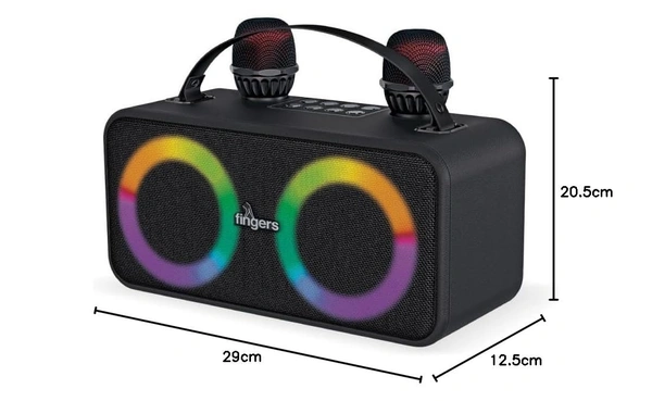 FINGERS 2Mic-Karaoke Portable Speaker with 2 Wireless Mics (RGB Lights, 6-Hour Playback, 24 W Intense Bass, Bluetooth® | USB | MicroSD | FM Radio) – Rich Black - KAROKE 2MIC 24W