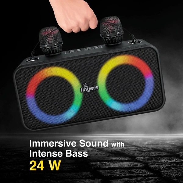 FINGERS 2Mic-Karaoke Portable Speaker with 2 Wireless Mics (RGB Lights, 6-Hour Playback, 24 W Intense Bass, Bluetooth® | USB | MicroSD | FM Radio) – Rich Black - KAROKE 2MIC 24W