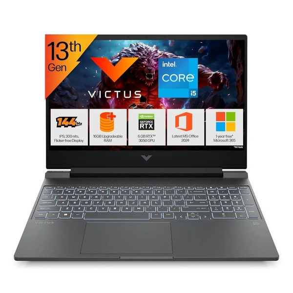 HP Victus, 13th Gen Intel Core i5-13420H, 6GB RTX 3050, 16GB DDR4(Upgradeable) 512GB SSD, FHD, 144Hz, 300 nits, IPS, 15.6''/39.6cm, Win11, M365* Office24, Mica Silver, 2.3kg, fa2700TX, Gaming Laptop - 15.6 Inches, Silver, Core i5, 13th Gen, 512 GB, 16 GB, DDR4, 13620H, up to 4.6 GHz, SSD, NO, Intel, 12 MB, NVIDIA GeForce RTX 5050, Windows 11 Home, Laptop, Power Adaptor, User Guide, Warranty Documents