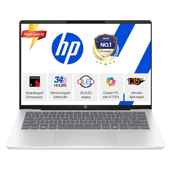 HP OmniBook 5 Next Gen AI 14-he0015QU, Silver - 35.6 Centimetres (14 Inch ), Silver, 512GB, 16GB, 3 GHz, SSD, NO, Snapdragon X Processor, Qualcomm Adreno GPU, Windows 11 Home