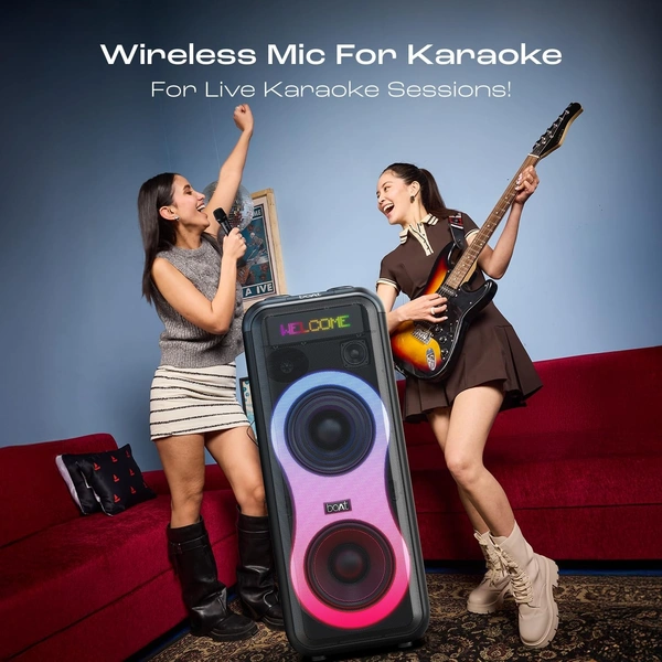 Boat PartyPal 600 Party Speaker, 220W Signature Sound, Dynamic Pixels, Animated Text Display, App Support, UHF Wireless Microphone, Colorful LEDs,7hrs Battery & Guitar Input (Premium Black) - PARTYPAL 600