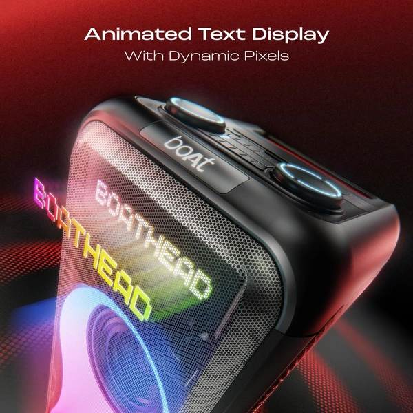 Boat PartyPal 600 Party Speaker, 220W Signature Sound, Dynamic Pixels, Animated Text Display, App Support, UHF Wireless Microphone, Colorful LEDs,7hrs Battery & Guitar Input (Premium Black) - PARTYPAL 600