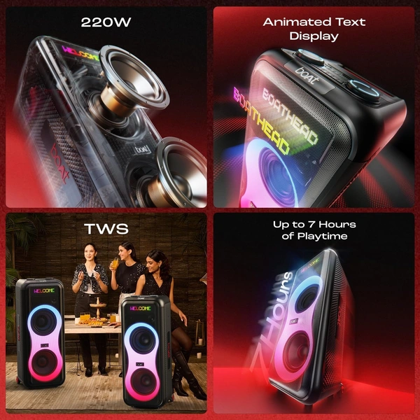 Boat PartyPal 600 Party Speaker, 220W Signature Sound, Dynamic Pixels, Animated Text Display, App Support, UHF Wireless Microphone, Colorful LEDs,7hrs Battery & Guitar Input (Premium Black) - PARTYPAL 600