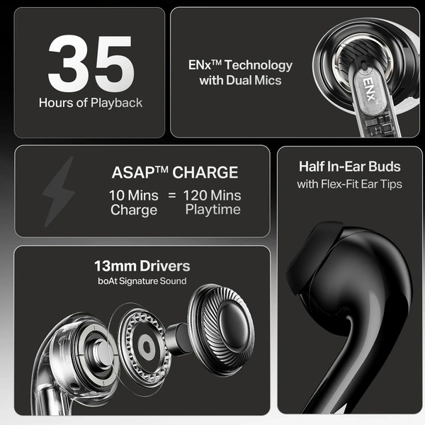 boAt Airdopes 101v2, Flex Fit Tips,13mm Drivers, Stream Ad Free Music via App Support Bluetooth Headset - 101V2
