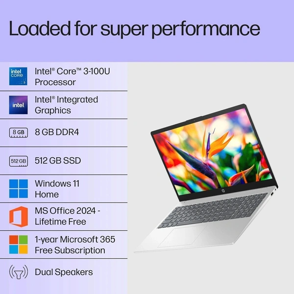 HP 15s-FD1225TU Core3-100U/8GB/512GB/15.6" FHD/W11+MSO/*Silver* - 39.62 cm (15.6 Inch), Silver, Core 3, 512 GB, 16 GB, DDR4, 100U, up to 4.7 GHz, SSD, NO, Intel, 10 MB, Windows 11 Home, Laptop, Power Adaptor, User Guide, Warranty Documents