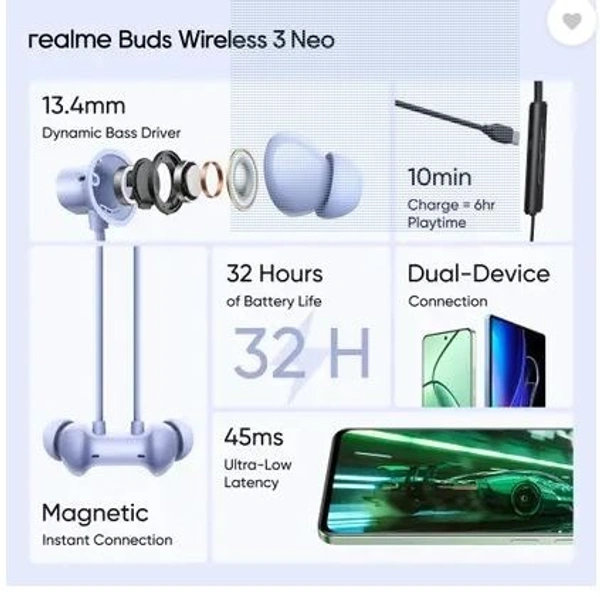 realme Buds Wireless 3 Neo with 13.4mm Driver, 32 hrs Playback, Dual Device Connection Bluetooth  (Blue, In the Ear)