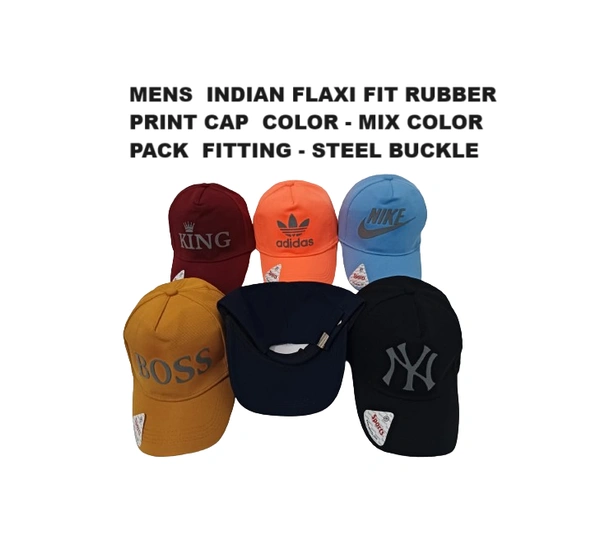 Mens Indian Flaxi Fit Rubber Print Cap Color - Mix Color Pack Fitting - Steel Buckle - Free, 6